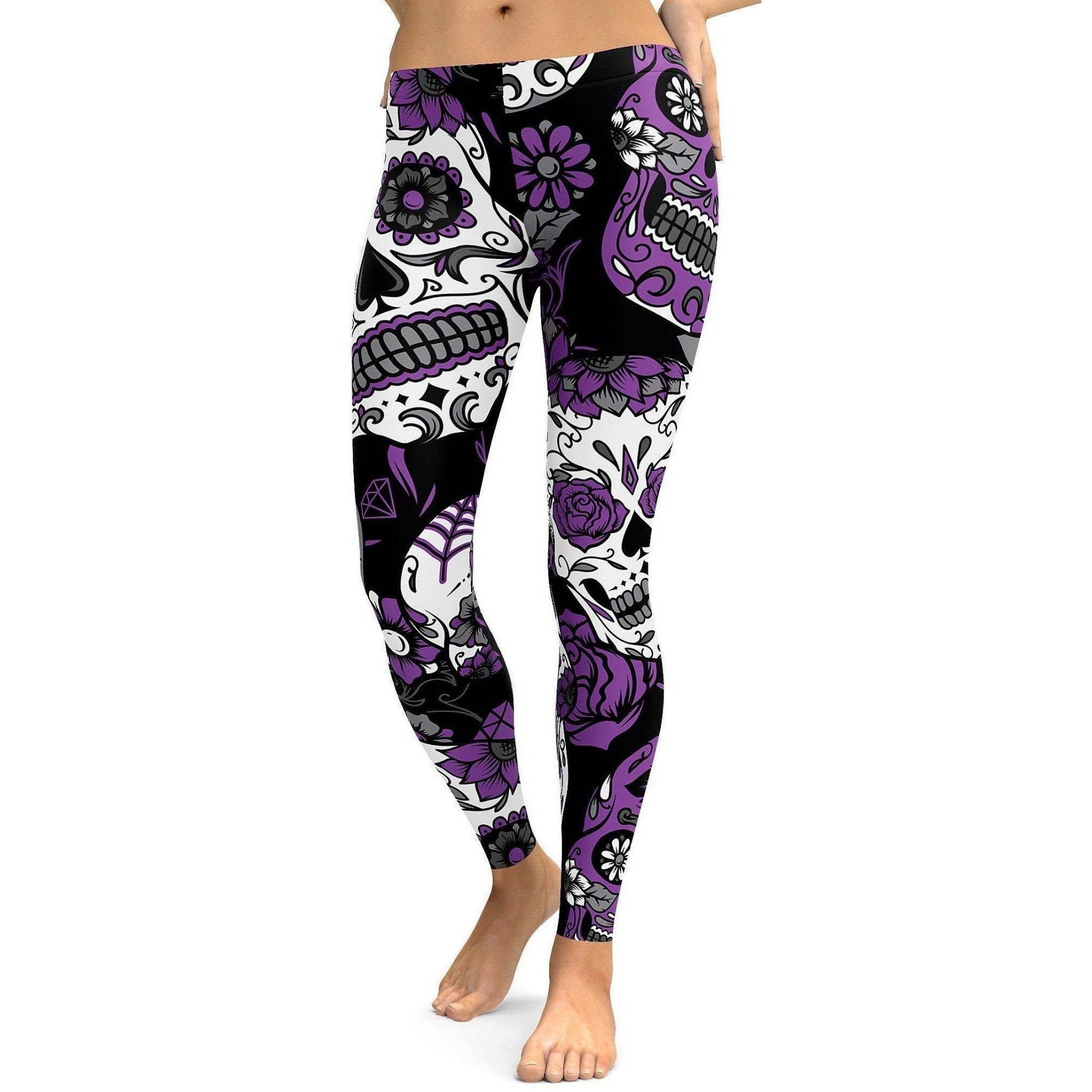 Womens Workout Yoga Purple Sugar Skull Leggings White/Purple/Black | Gearbunch.com