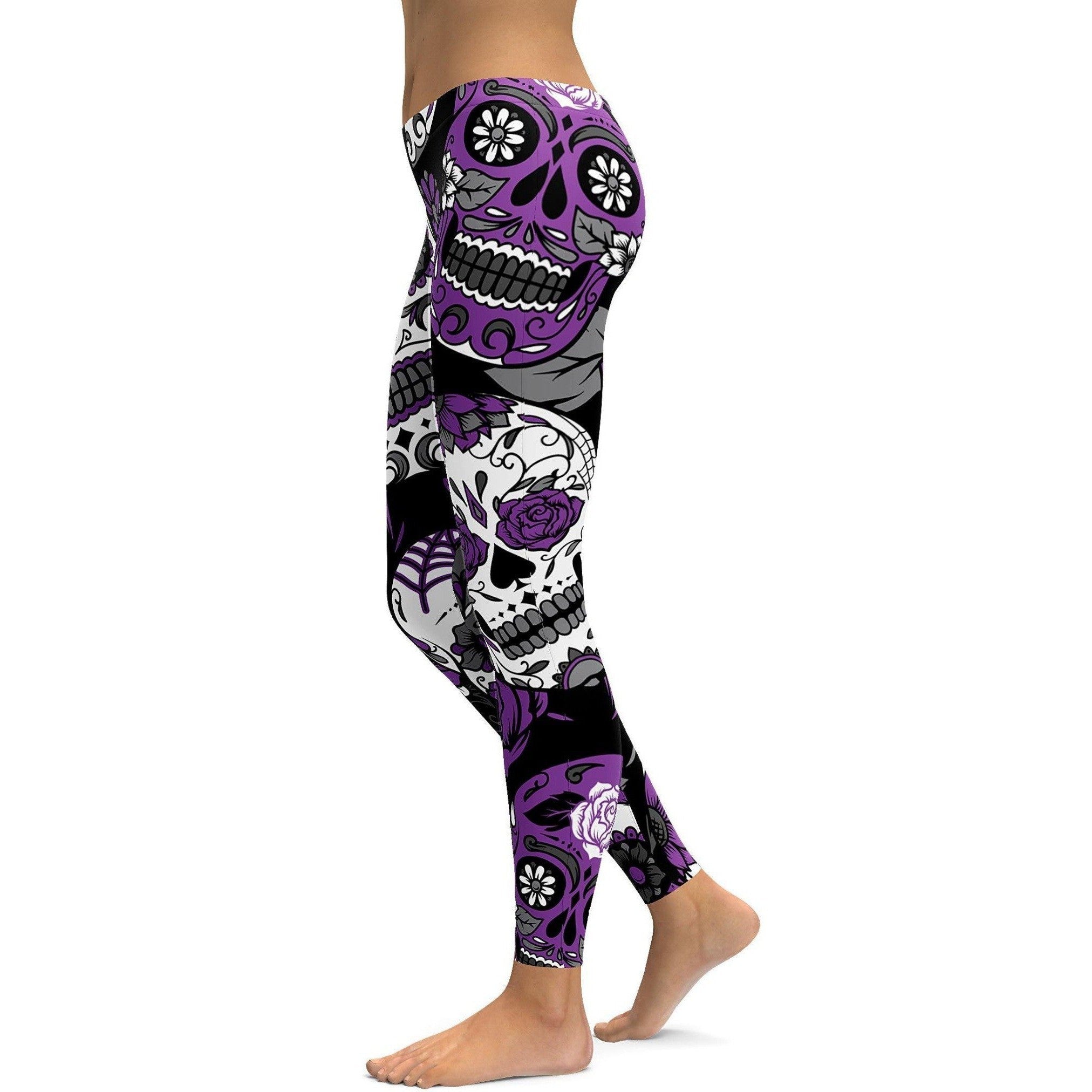 Womens Workout Yoga Purple Sugar Skull Leggings White/Purple/Black | Gearbunch.com