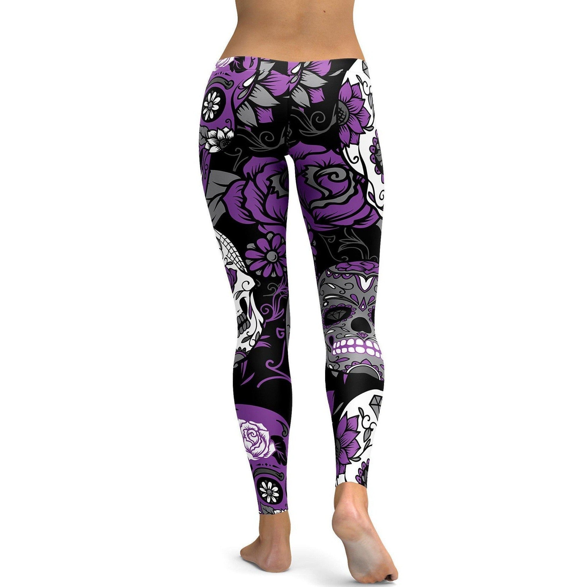 Womens Workout Yoga Purple Sugar Skull Leggings White/Purple/Black | Gearbunch.com