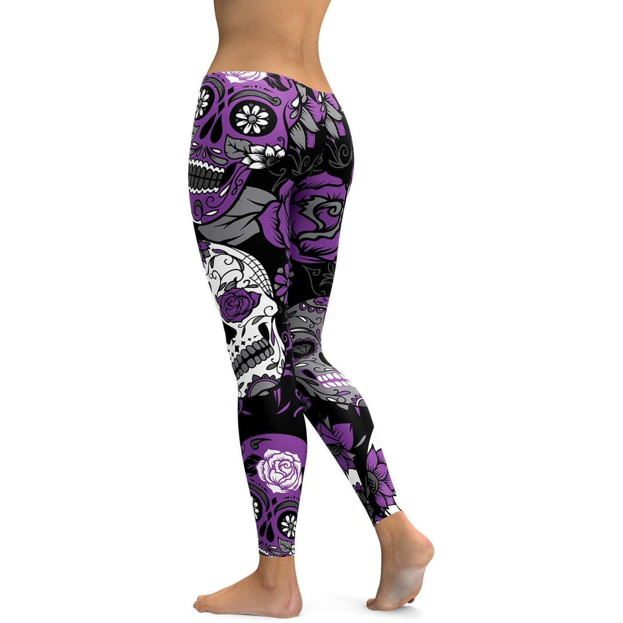 Womens Workout Yoga Purple Sugar Skull Leggings White/Purple/Black | Gearbunch.com