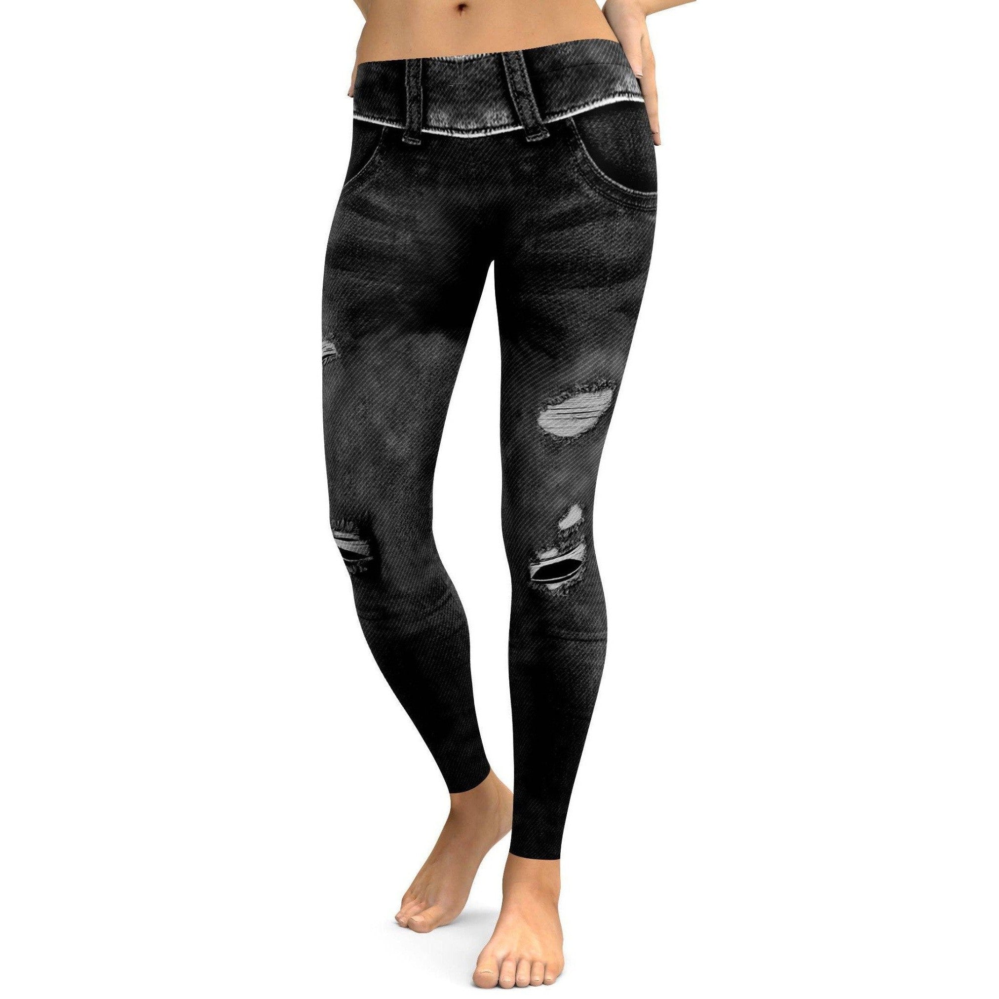 Womens Workout Yoga Realistic Black Distressed Denim Jeans Leggings | Gearbunch.com