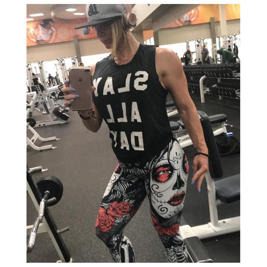 Womens Workout Yoga Skeleton Sugar Skull Leggings White/Black/Red | Gearbunch.com