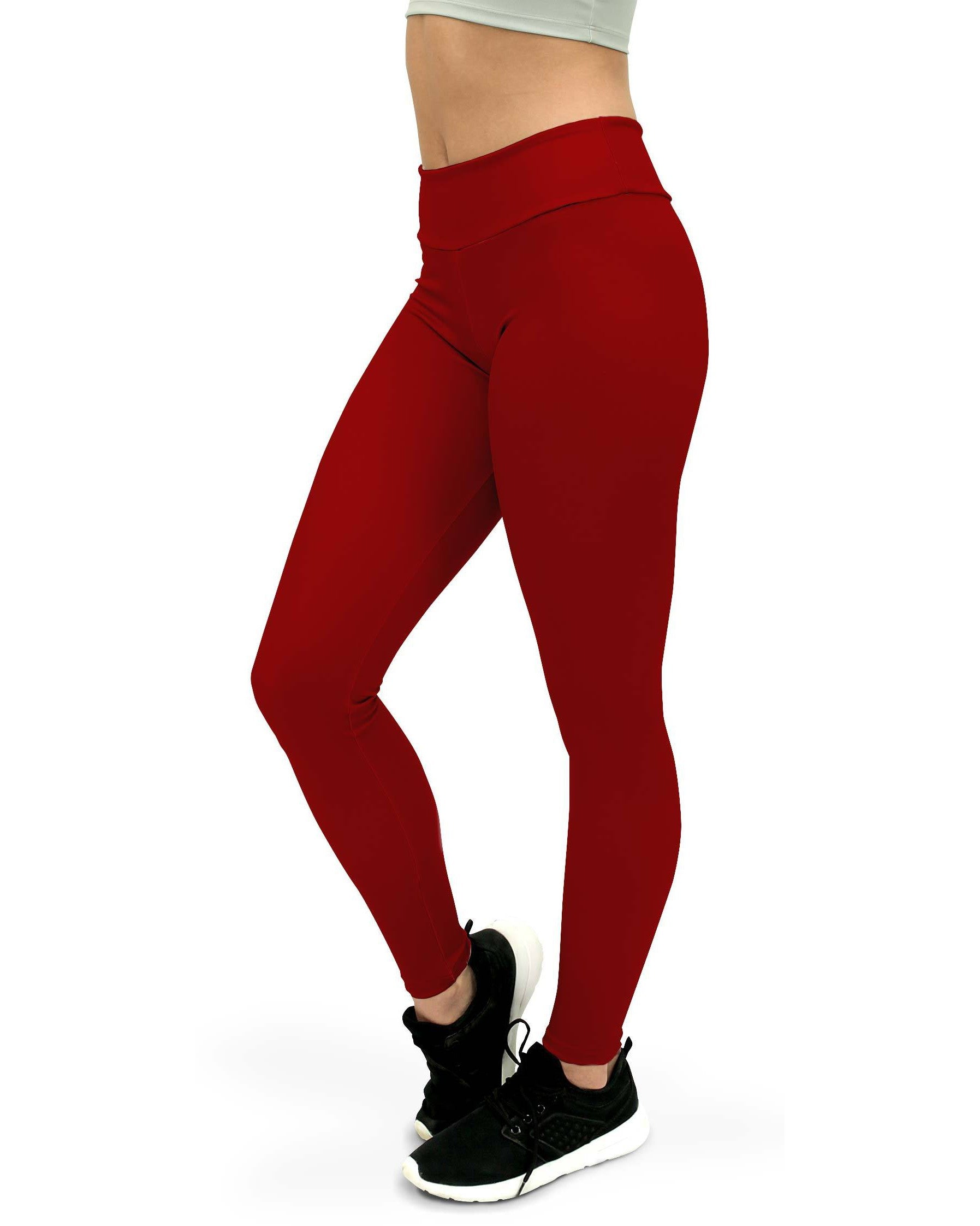 Women's solid deep red yoga pants front view
