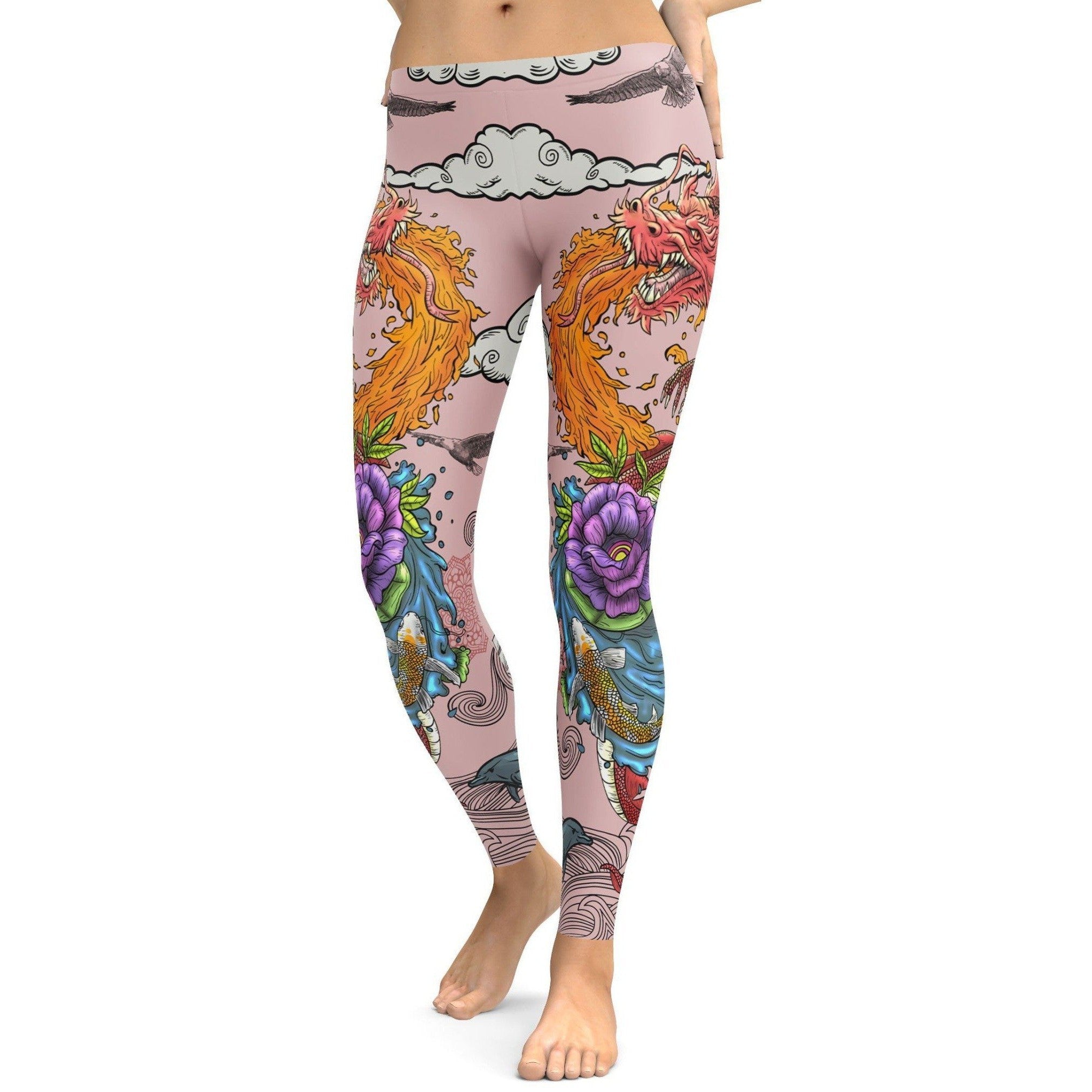 Womens Workout Yoga Tattooed Dragon Leggings Pink/Blue | Gearbunch.com