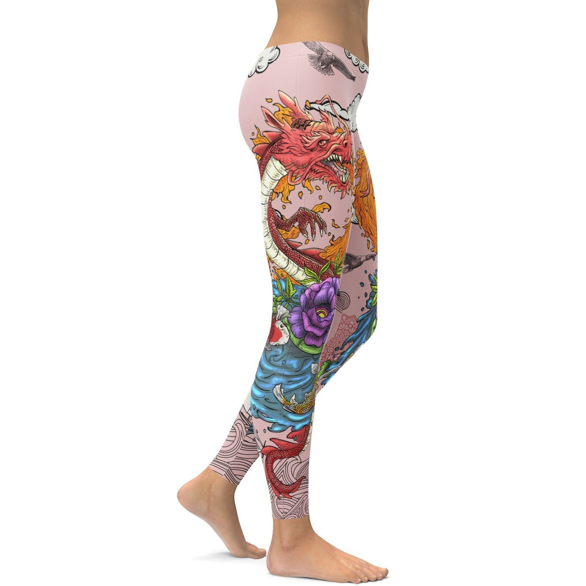 Womens Workout Yoga Tattooed Dragon Leggings Pink/Blue | Gearbunch.com
