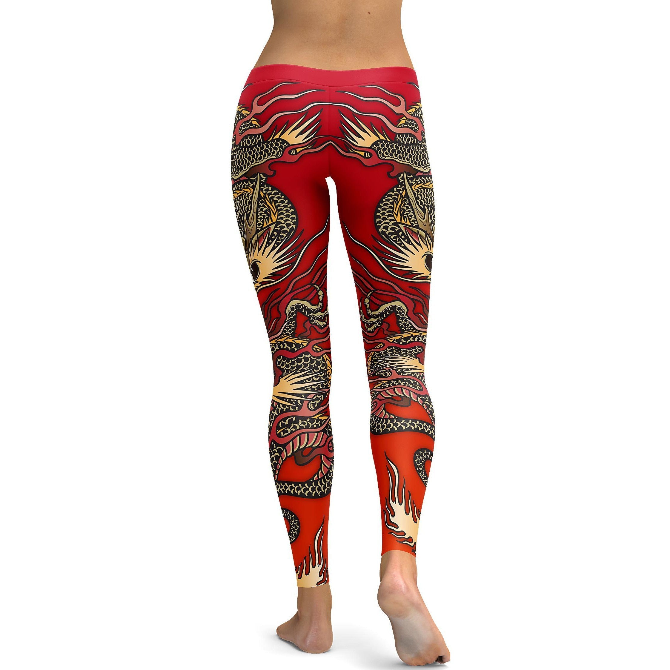 Womens Workout Yoga Chinese Dragon Leggings Red/White/Yellow | Gearbunch.com