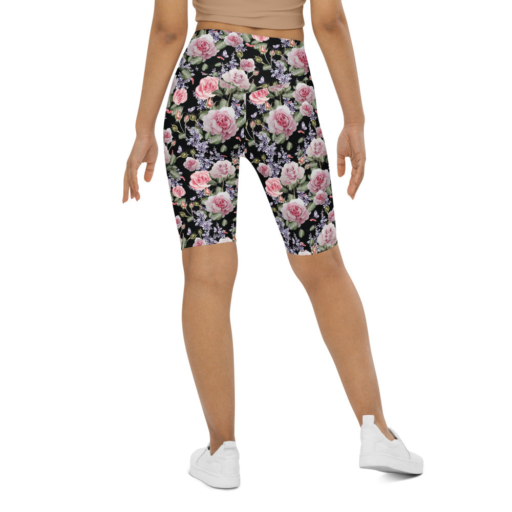 Womens Bike Shorts Watercolor Roses & Lavender Black | Gearbunch.com