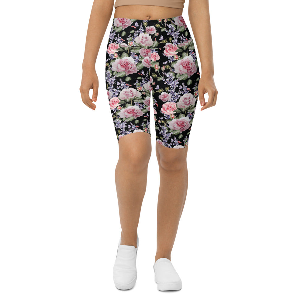 Womens Bike Shorts Watercolor Roses & Lavender Black | Gearbunch.com