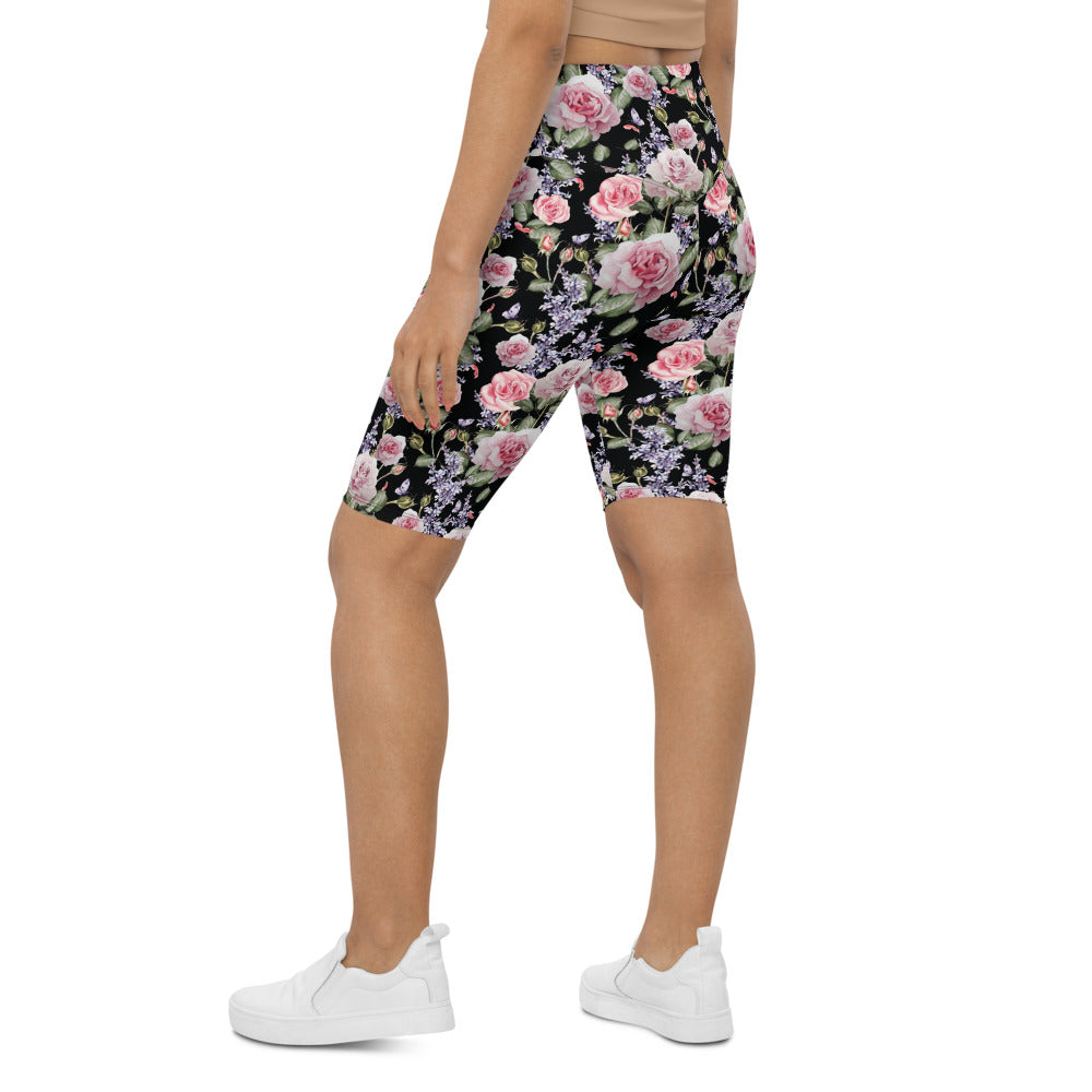 Womens Bike Shorts Watercolor Roses & Lavender Black | Gearbunch.com