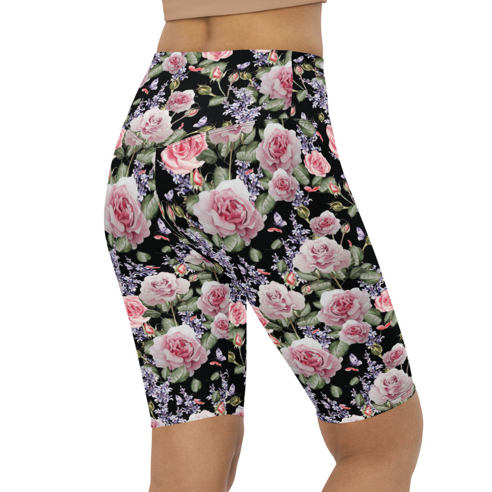 Womens Bike Shorts Watercolor Roses & Lavender Black | Gearbunch.com
