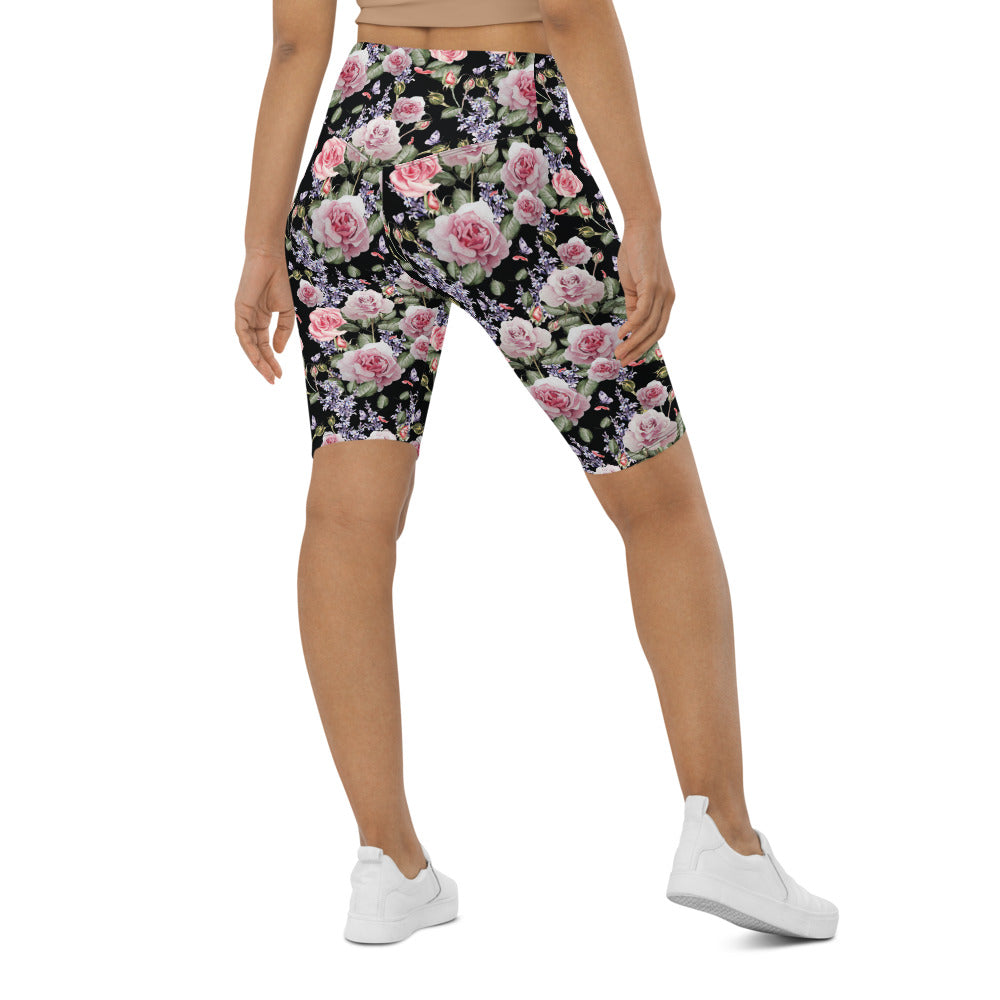 Womens Bike Shorts Watercolor Roses & Lavender Black | Gearbunch.com
