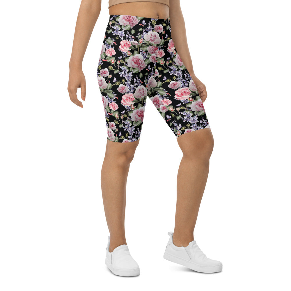 Womens Bike Shorts Watercolor Roses & Lavender Black | Gearbunch.com