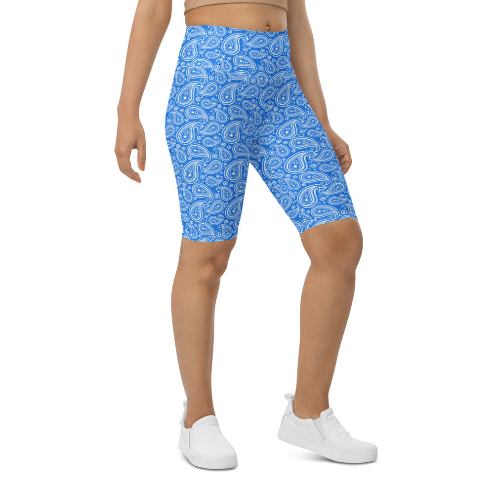 Womens Bike Shorts Blue & White Paisley | Gearbunch.com