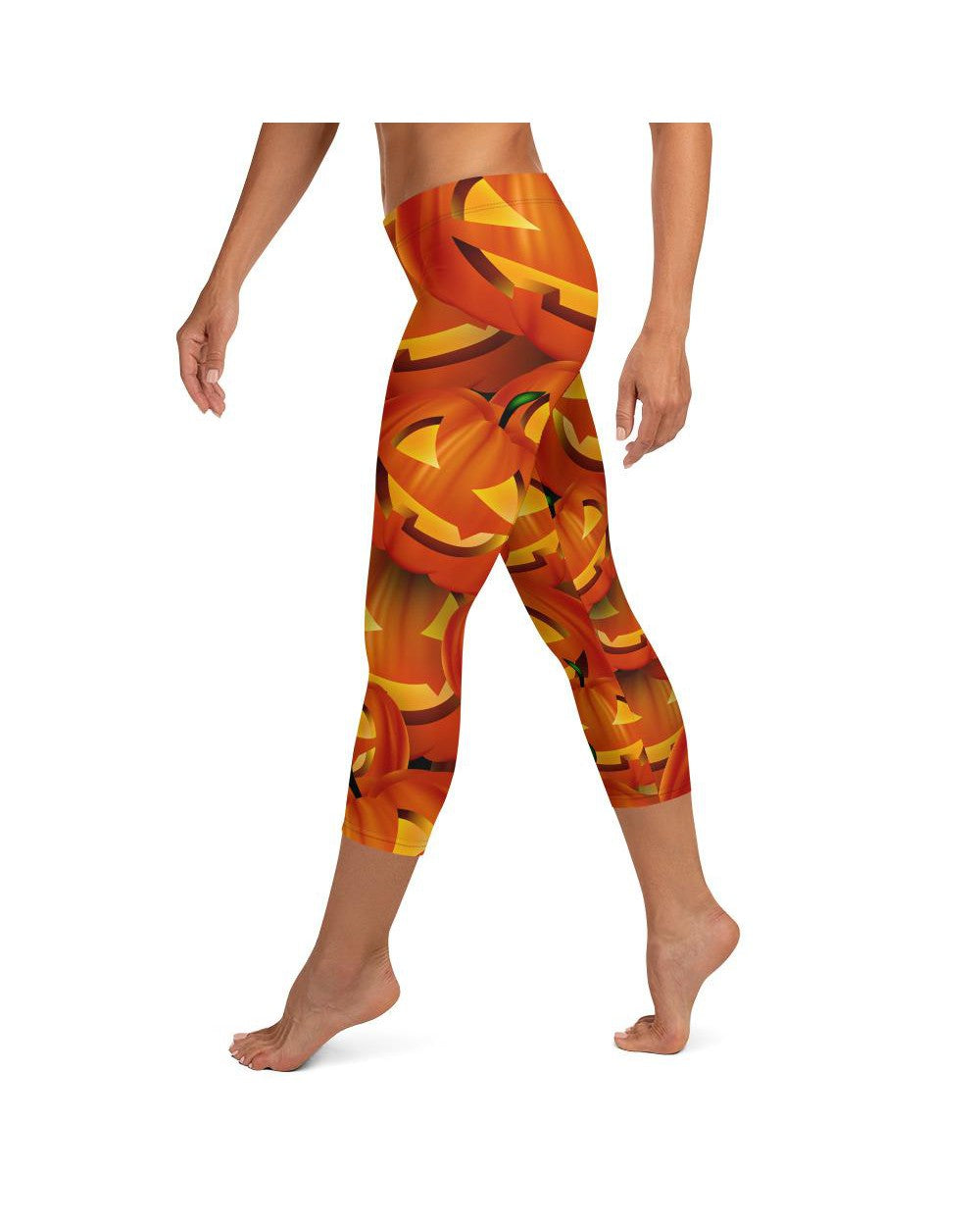 Womens Halloween Pumpkin Capri Leggings Orange/Yellow | Gearbunch.com