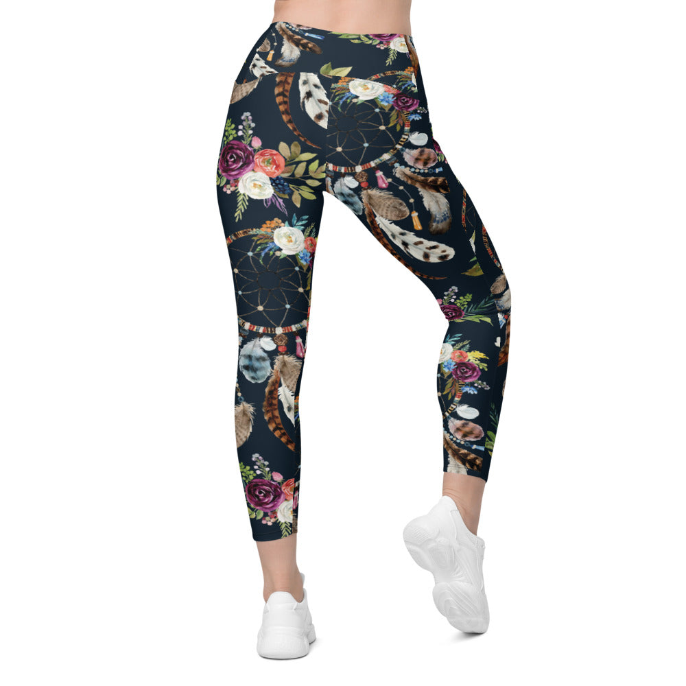 Womens Boho Dreamcatcher and Flowers Leggings with Pockets | Gearbunch