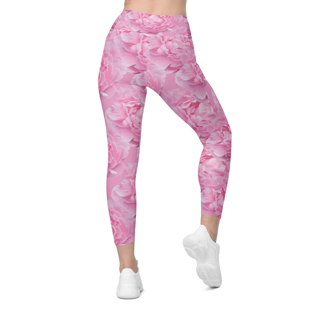Womens Workout Peony Flower Leggings with Pockets Pink | Gearbunch.com
