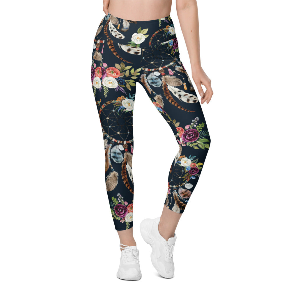 Womens Boho Dreamcatcher and Flowers Leggings with Pockets | Gearbunch