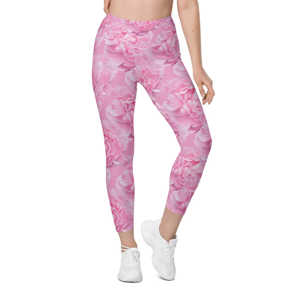 Womens Workout Peony Flower Leggings with Pockets Pink | Gearbunch.com