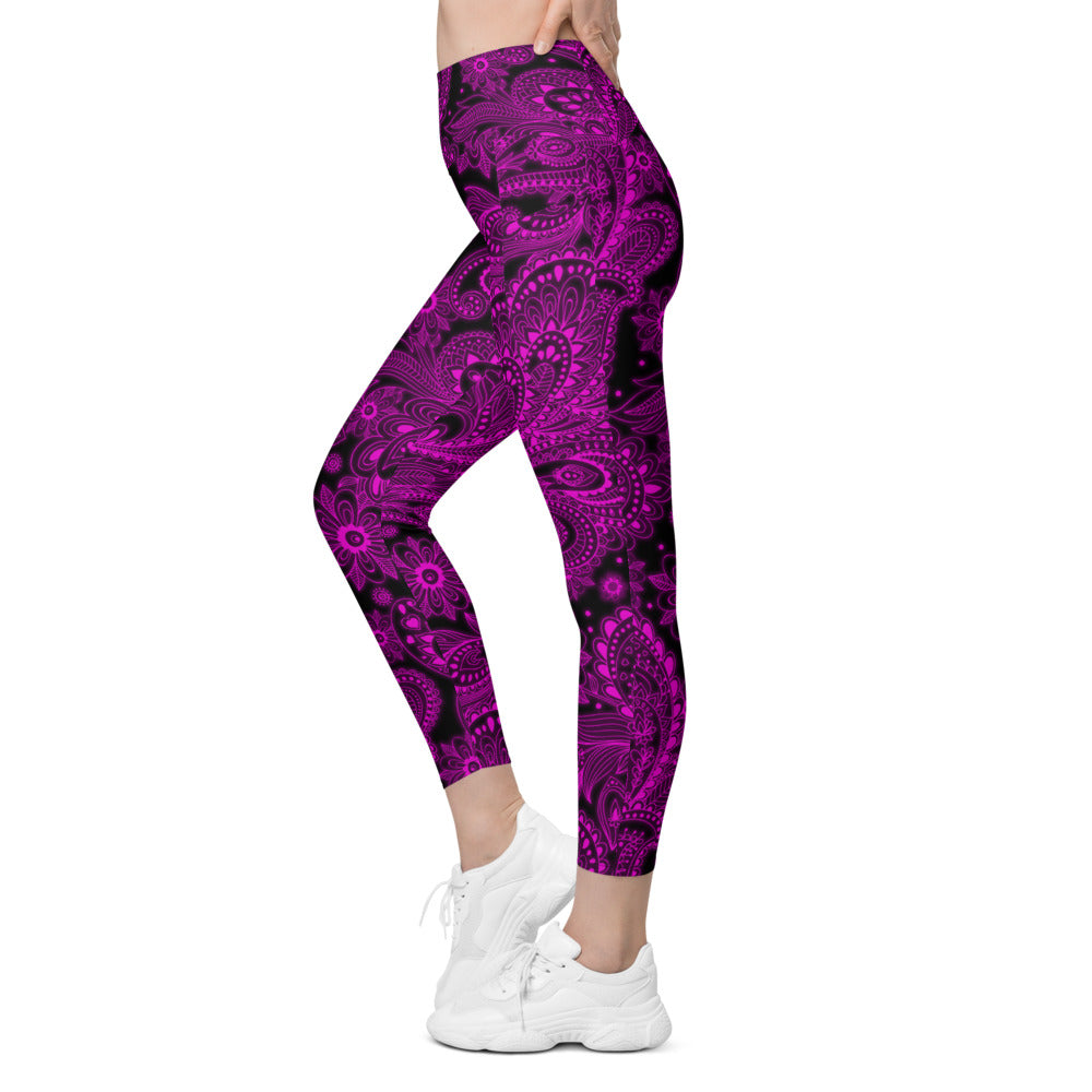 Womens Pink Glowing Floral Leggings with Pockets Black | Gearbunch.com