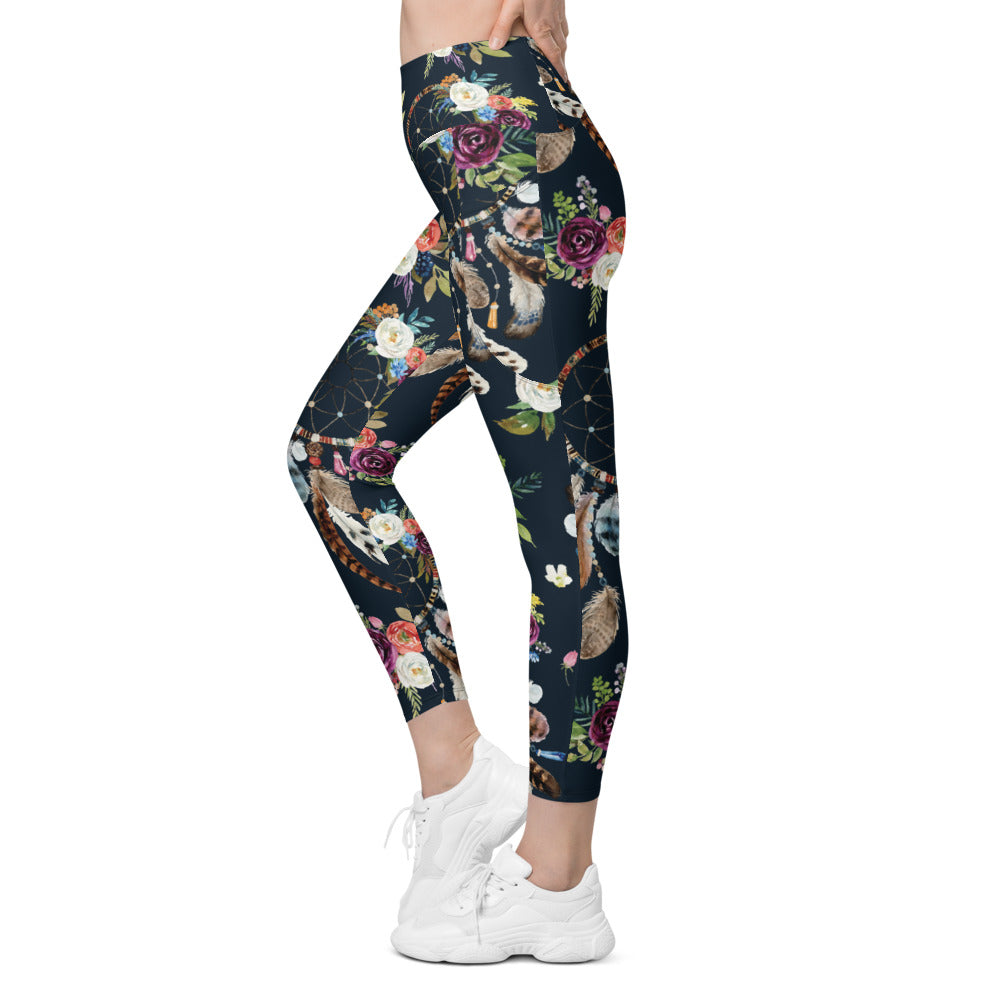 Womens Boho Dreamcatcher and Flowers Leggings with Pockets | Gearbunch