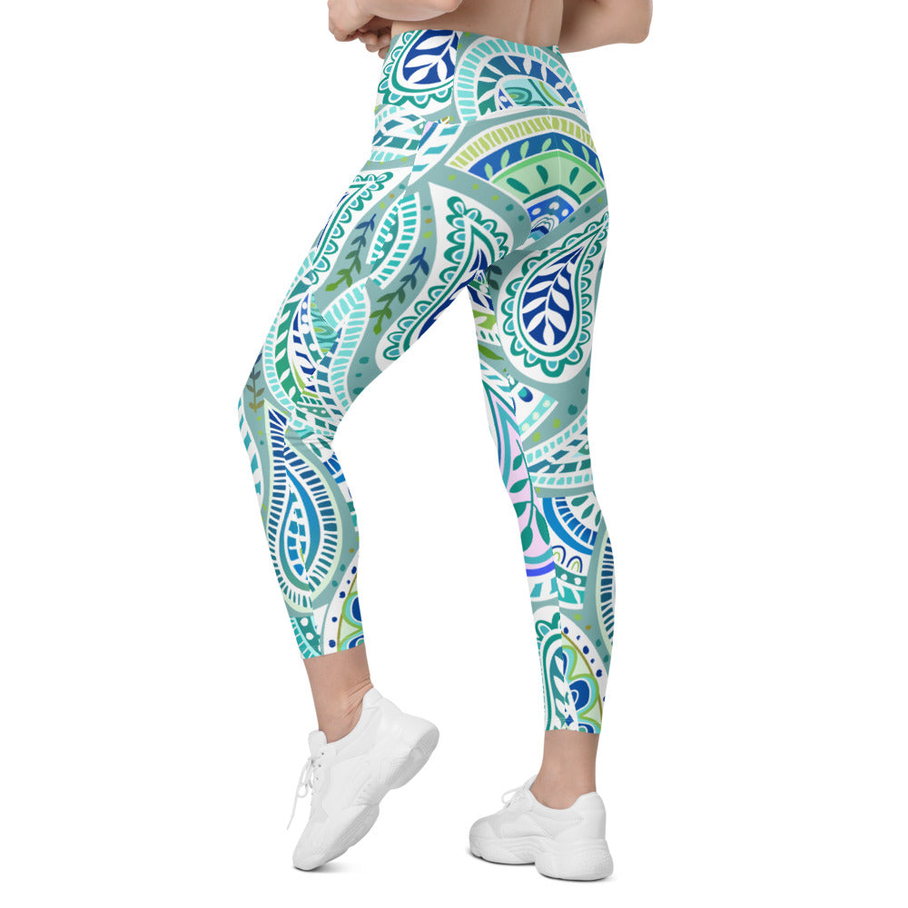 Womens Workout Yoga Blue and Green Paisley Leggings with Pockets