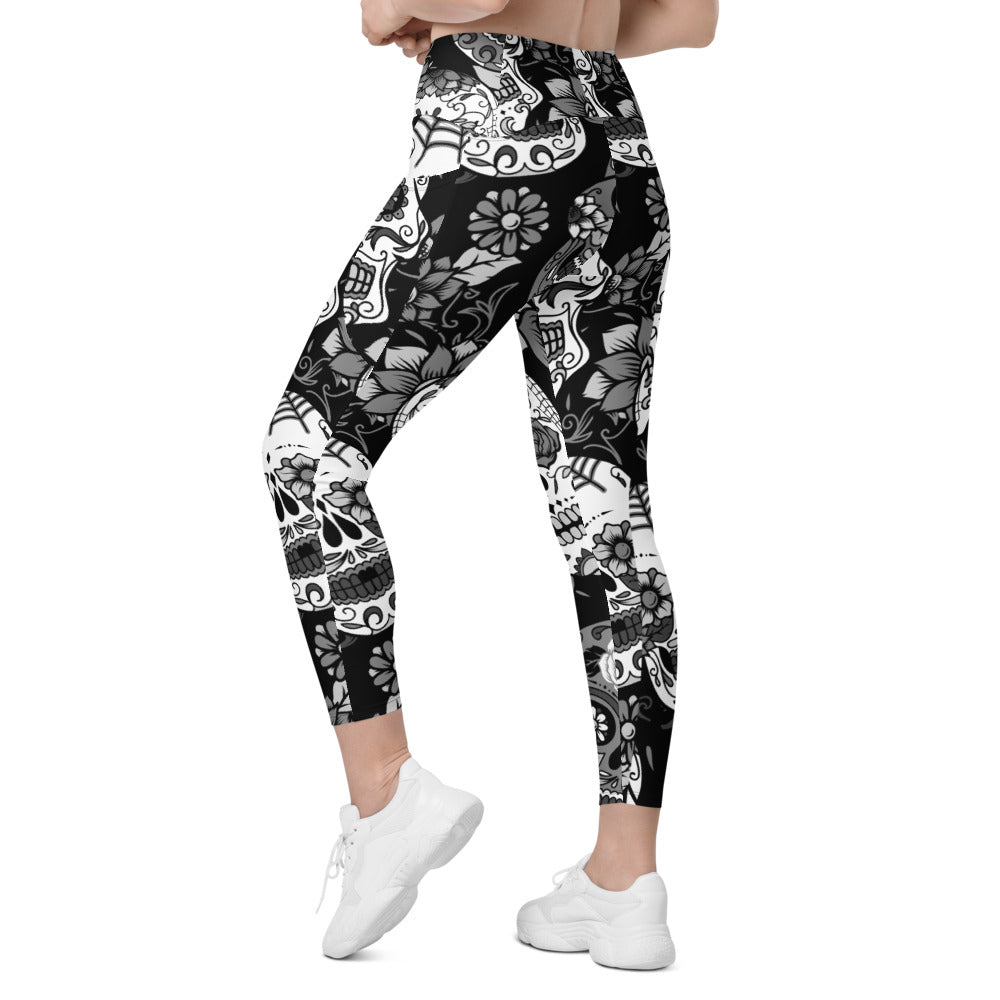 Womens Black & White Sugar Skull Leggings with Pockets | Gearbunch.com