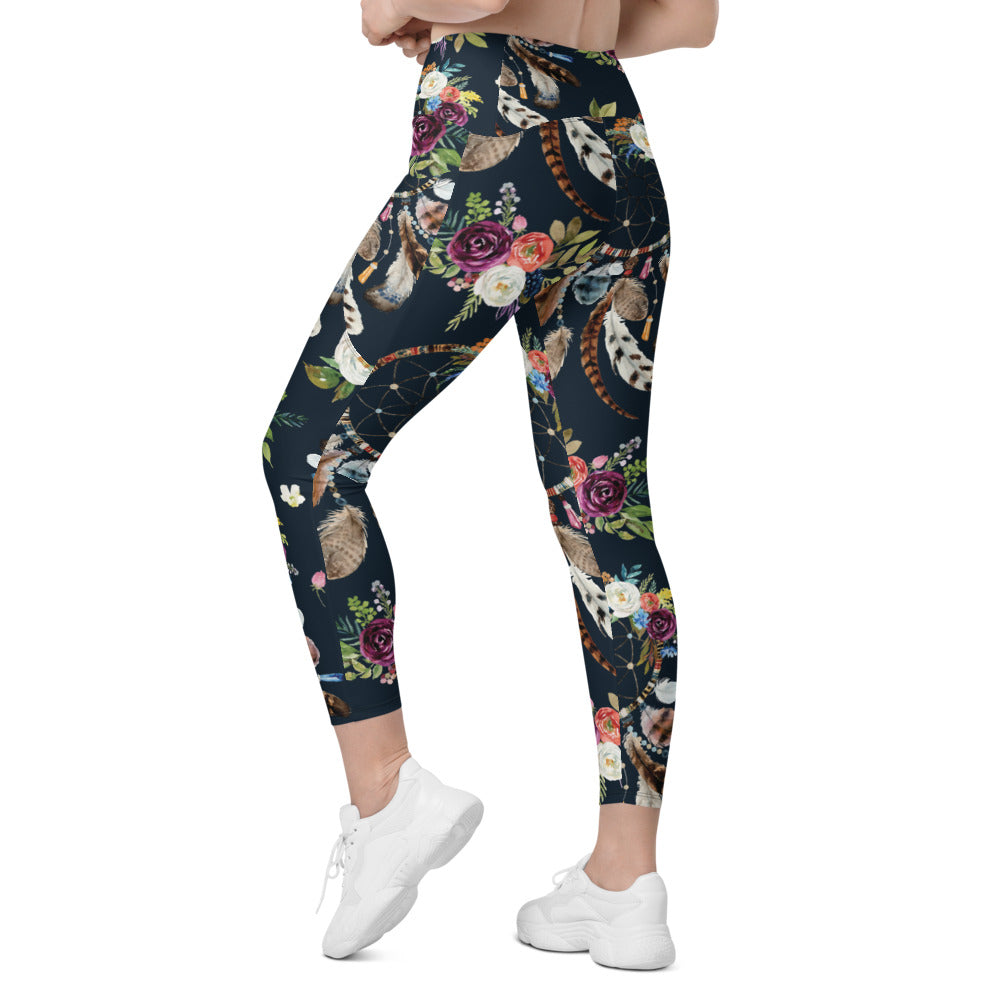 Womens Boho Dreamcatcher and Flowers Leggings with Pockets | Gearbunch