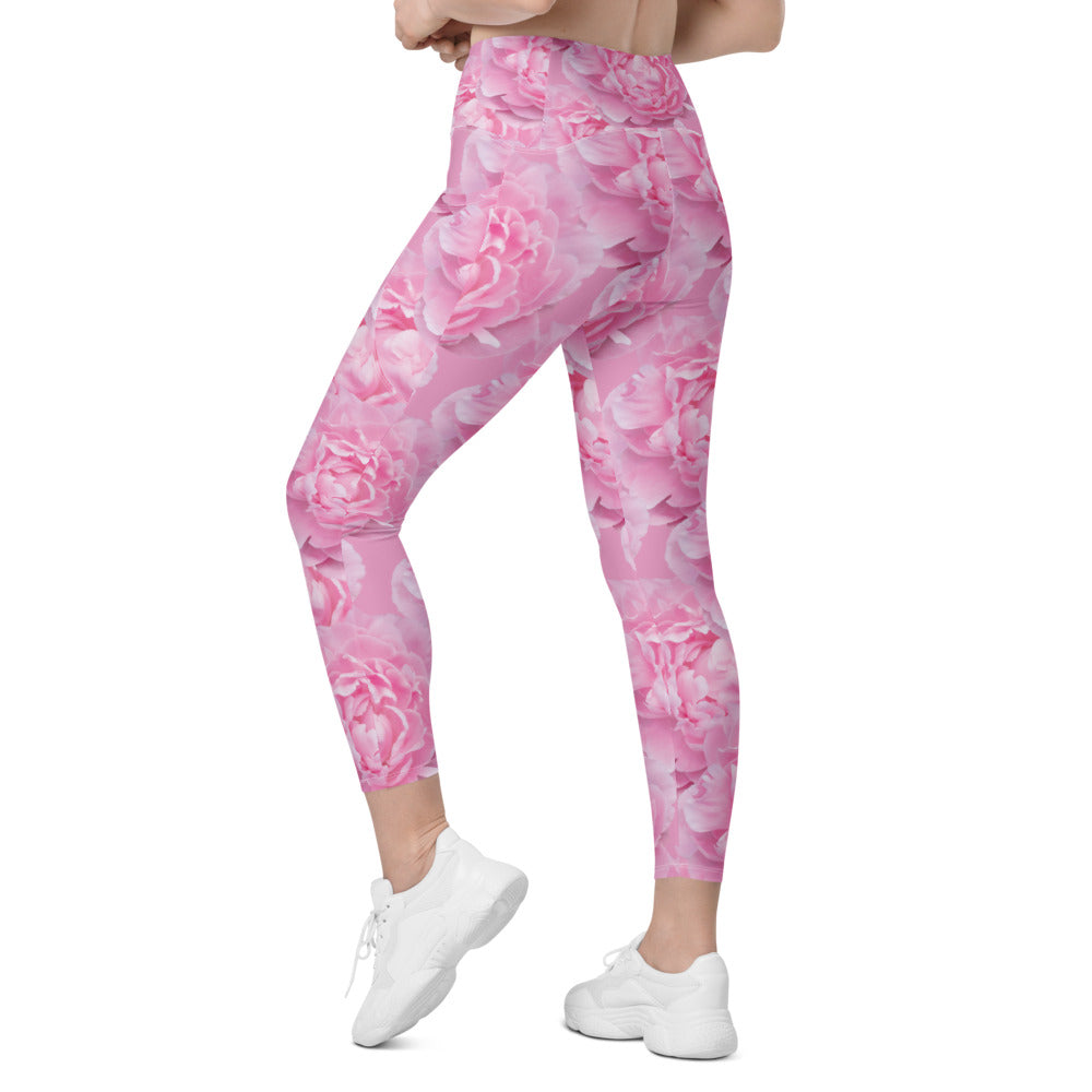 Womens Workout Peony Flower Leggings with Pockets Pink | Gearbunch.com