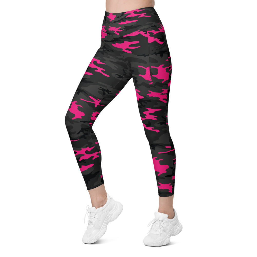 Womens Workout Yoga Dark Pink Camo Leggings with Pockets | Gearbunch