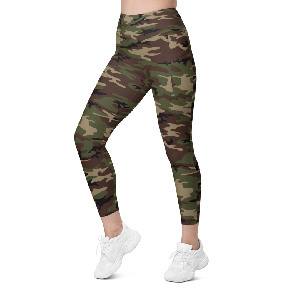 Womens Workout Army Camo Leggings with Pockets Green/Brown | Gearbunch
