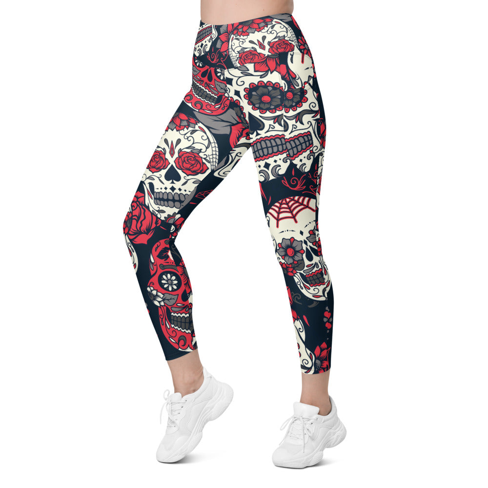 Womens Workout Yoga Pink Sugar Skull Leggings with Pockets | Gearbunch