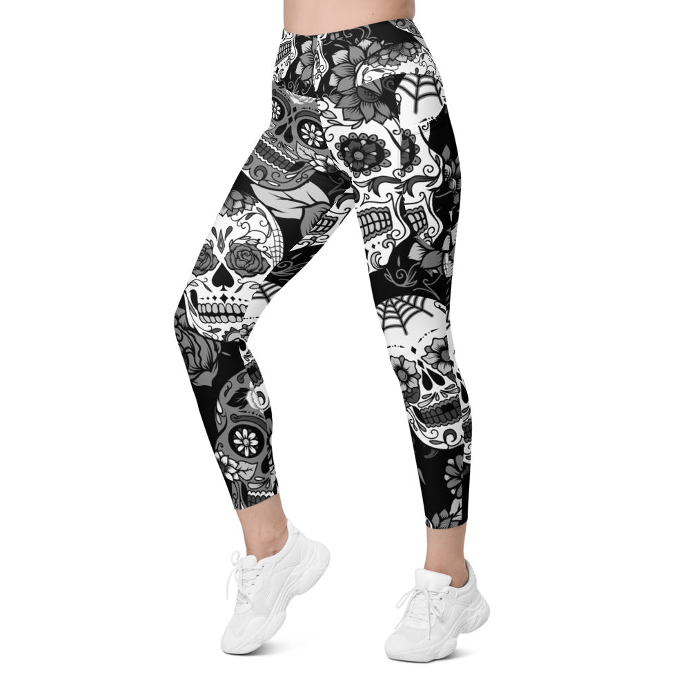Womens Black & White Sugar Skull Leggings with Pockets | Gearbunch.com