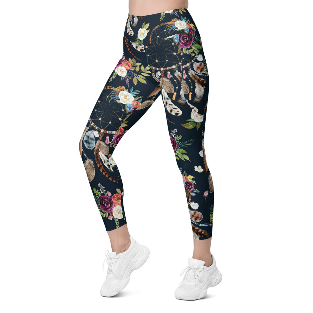 Womens Boho Dreamcatcher and Flowers Leggings with Pockets | Gearbunch