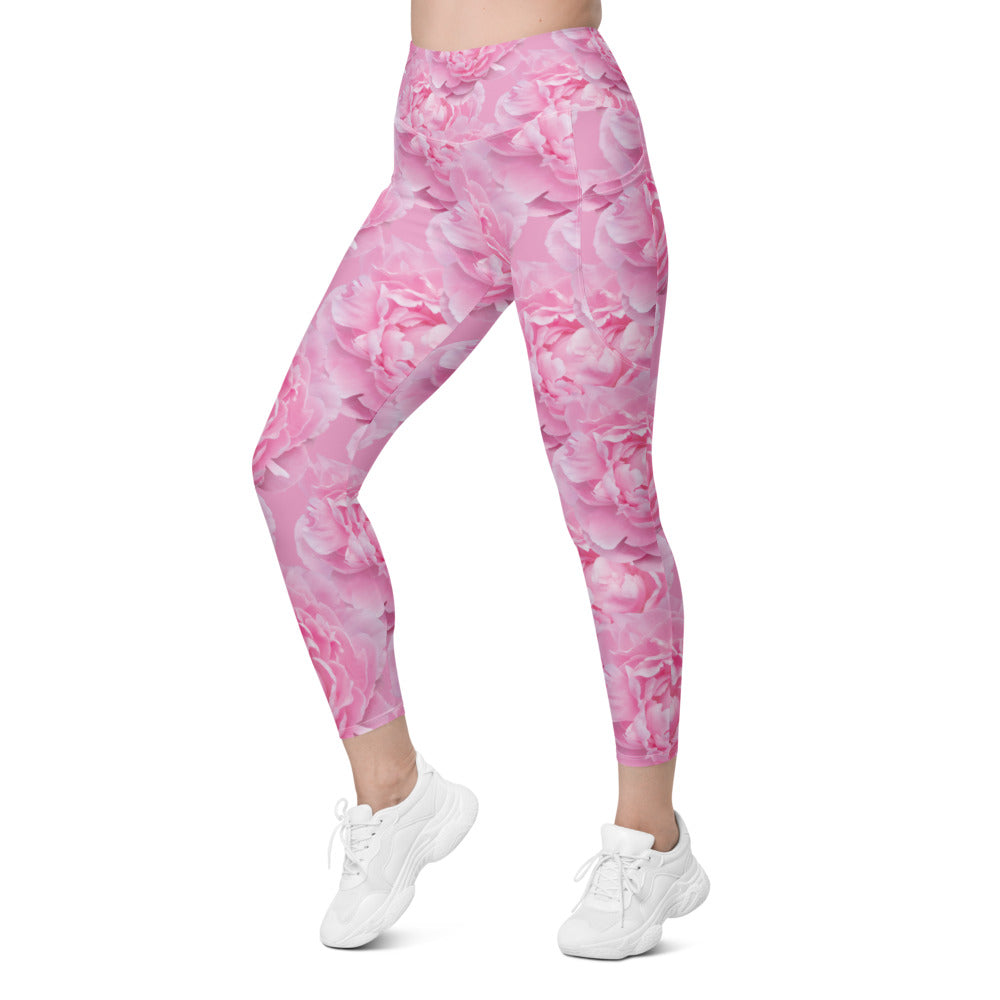 Womens Workout Peony Flower Leggings with Pockets Pink | Gearbunch.com