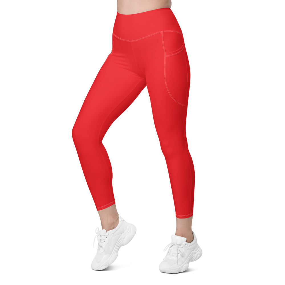 Womens Workout Solid Hot Red Leggings with Pockets | Gearbunch.com