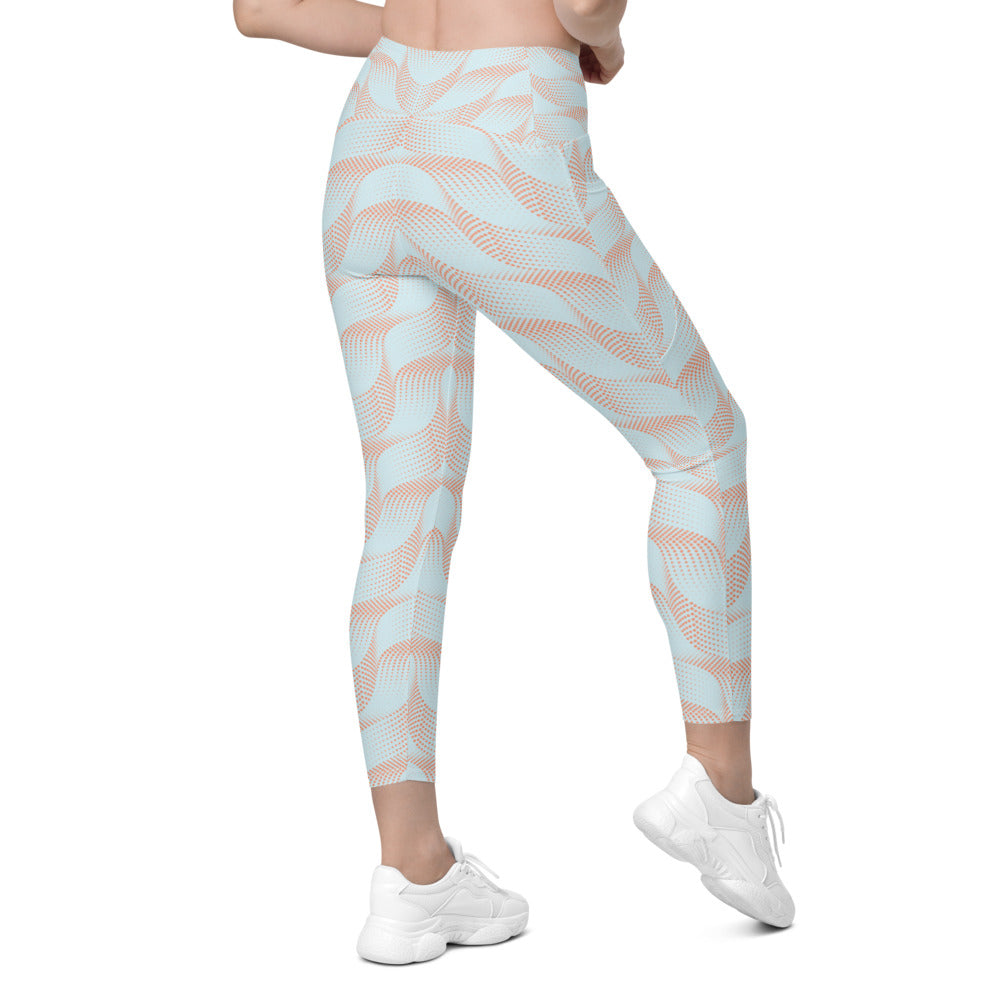 Womens Light Blue & Apricot Wave Leggings with Pockets | Gearbunch.com