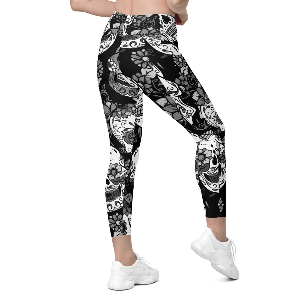 Womens Black & White Sugar Skull Leggings with Pockets | Gearbunch.com