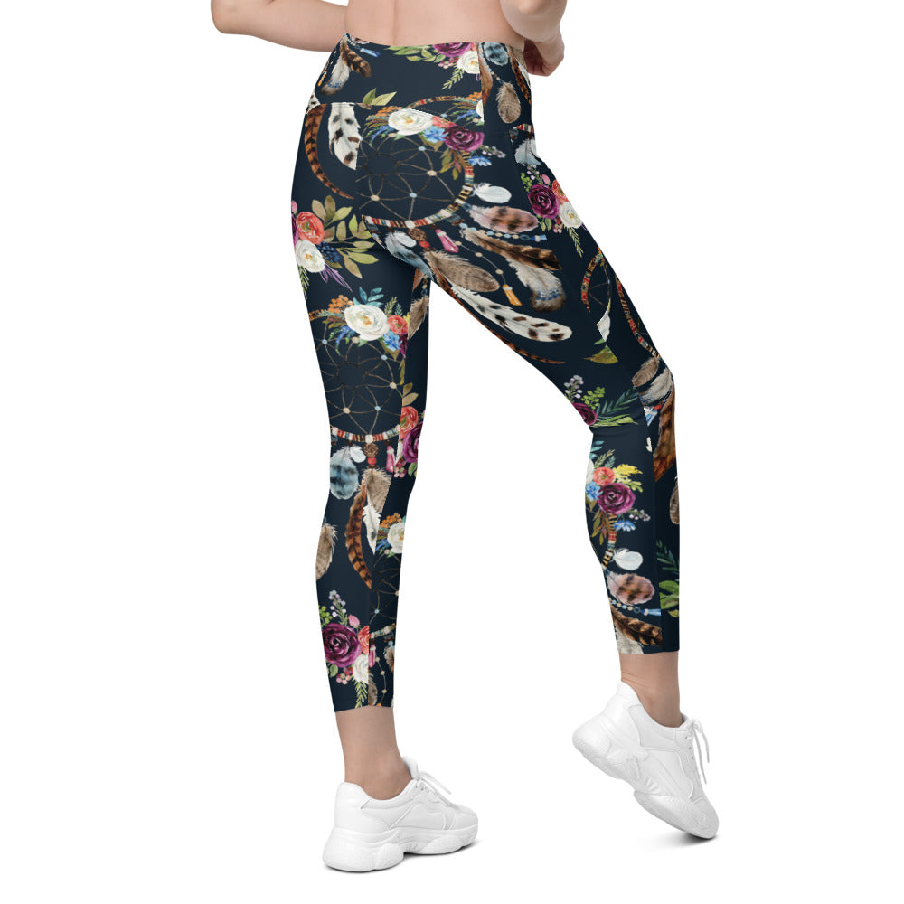 Womens Boho Dreamcatcher and Flowers Leggings with Pockets | Gearbunch
