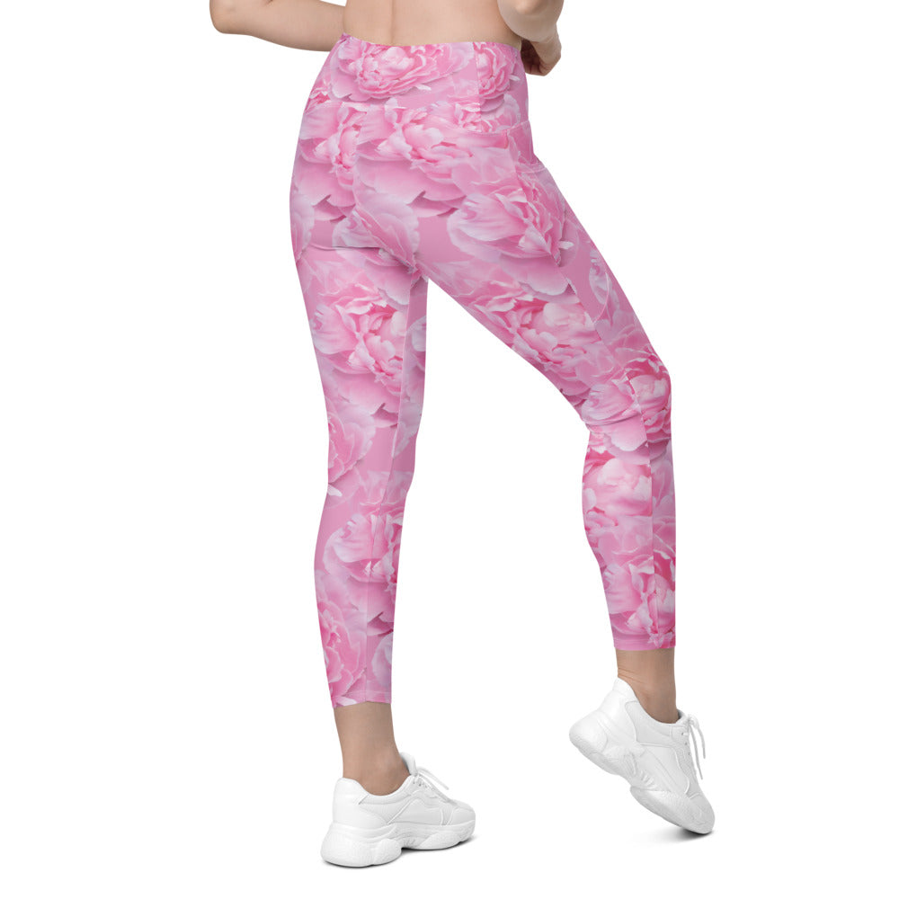 Womens Workout Peony Flower Leggings with Pockets Pink | Gearbunch.com
