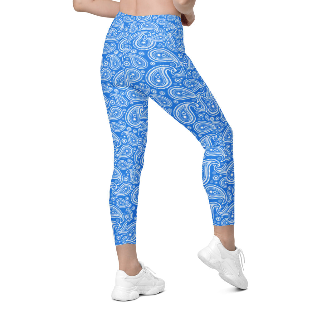 Womens Blue & White Paisley Leggings with Pockets | Gearbunch.com