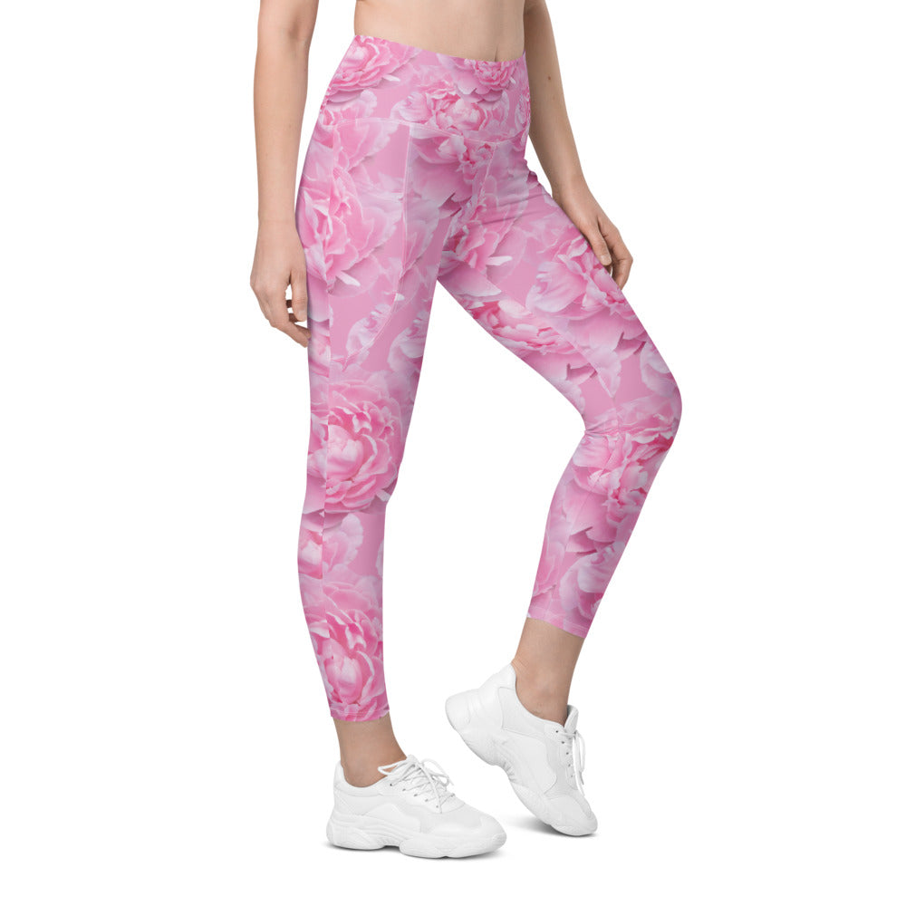 Womens Workout Peony Flower Leggings with Pockets Pink | Gearbunch.com