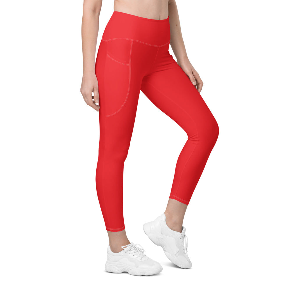 Womens Workout Solid Hot Red Leggings with Pockets | Gearbunch.com