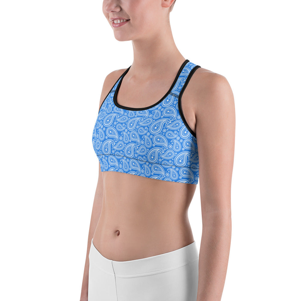 Womens Workout Blue & White Paisley Sports Bra | Gearbunch.com