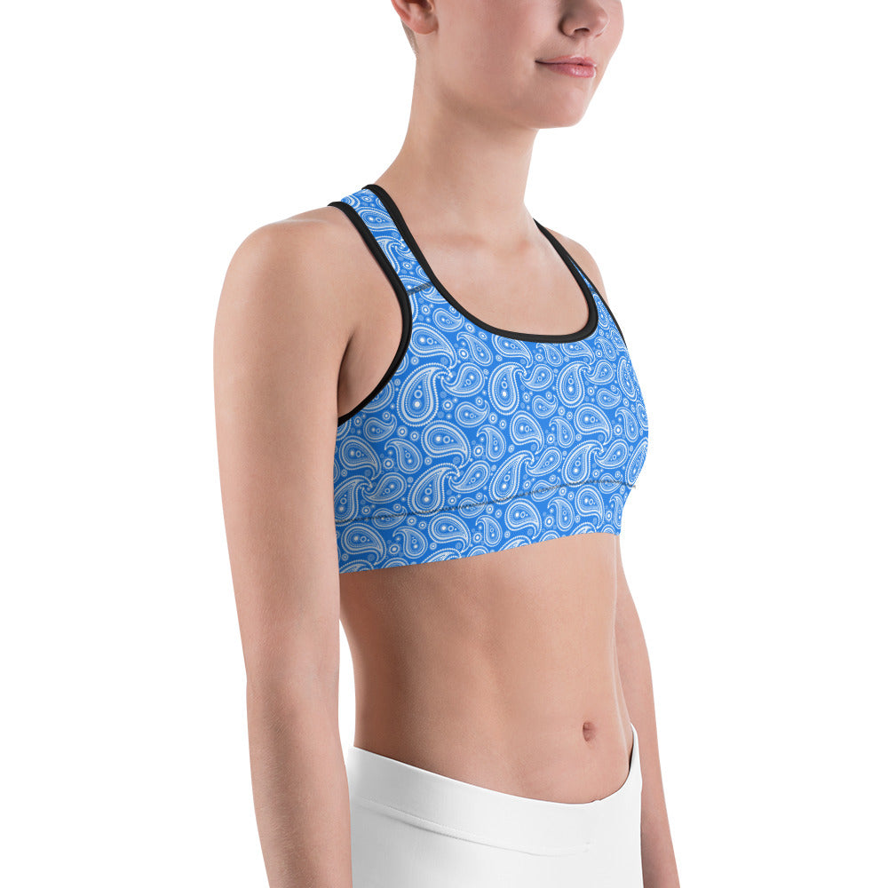 Womens Workout Blue & White Paisley Sports Bra | Gearbunch.com