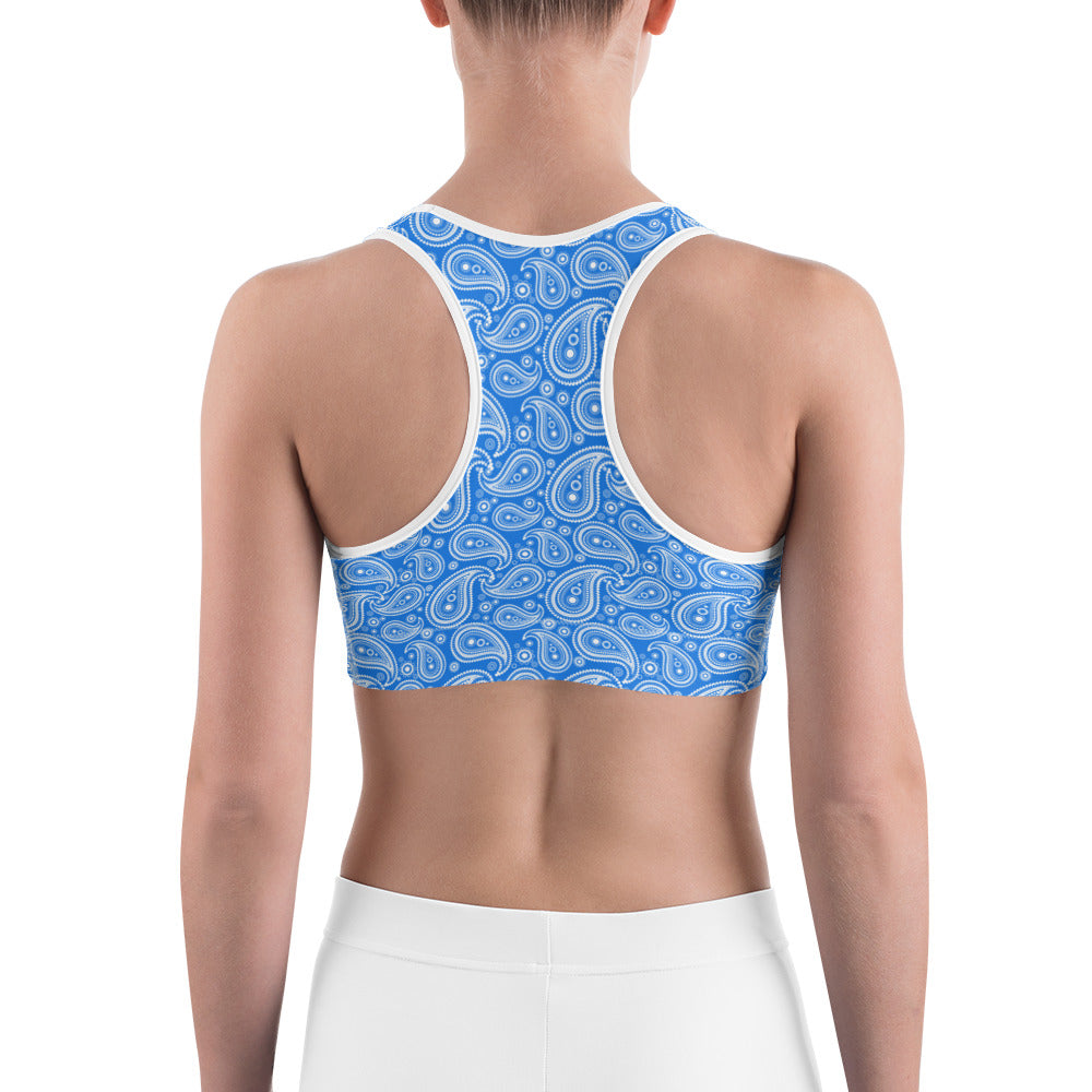 Womens Workout Blue & White Paisley Sports Bra | Gearbunch.com