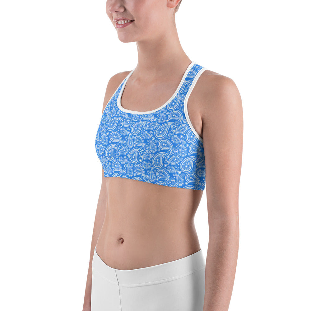 Womens Workout Blue & White Paisley Sports Bra | Gearbunch.com
