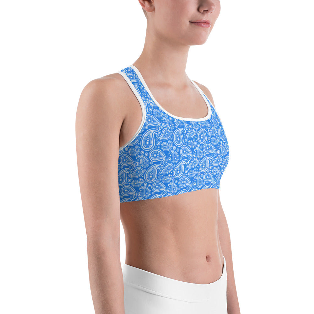 Womens Workout Blue & White Paisley Sports Bra | Gearbunch.com