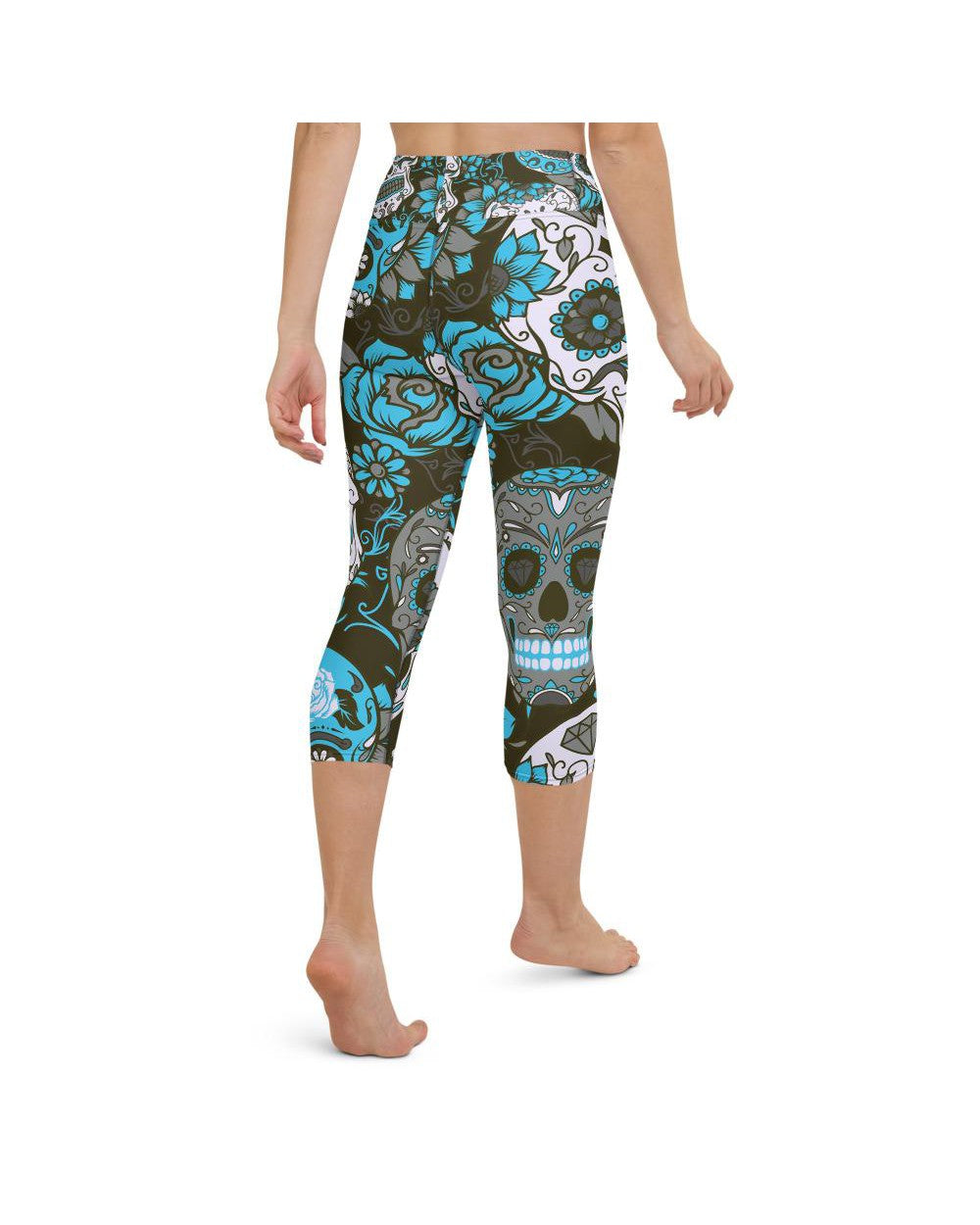 Womens Yoga Capris Sky Blue Sugar Skull White/Grey | Gearbunch.com