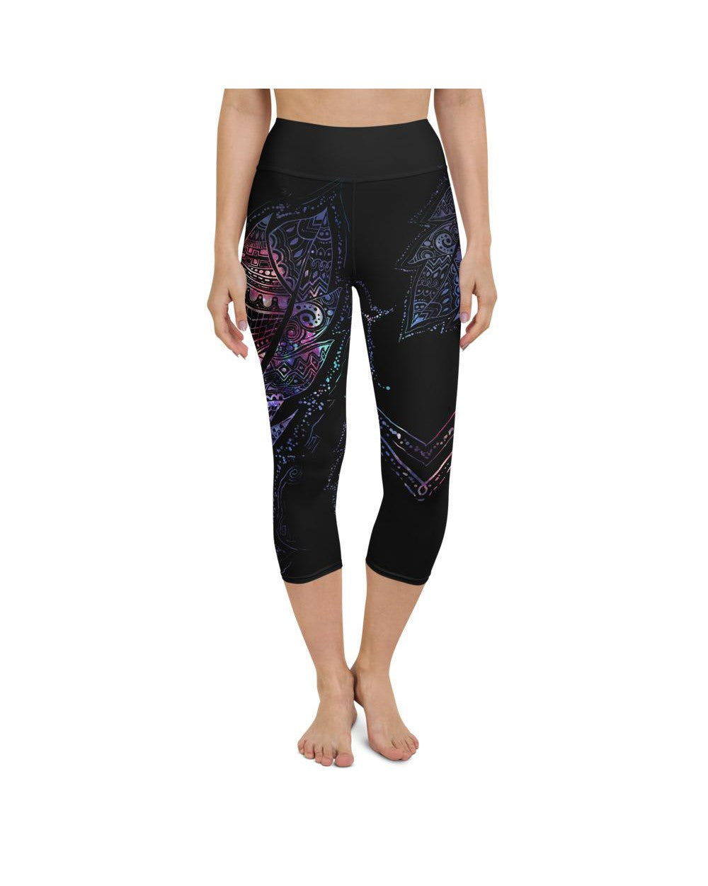 Womens Yoga Capris Mystic Feather Black/Blue/Purple | Gearbunch.com