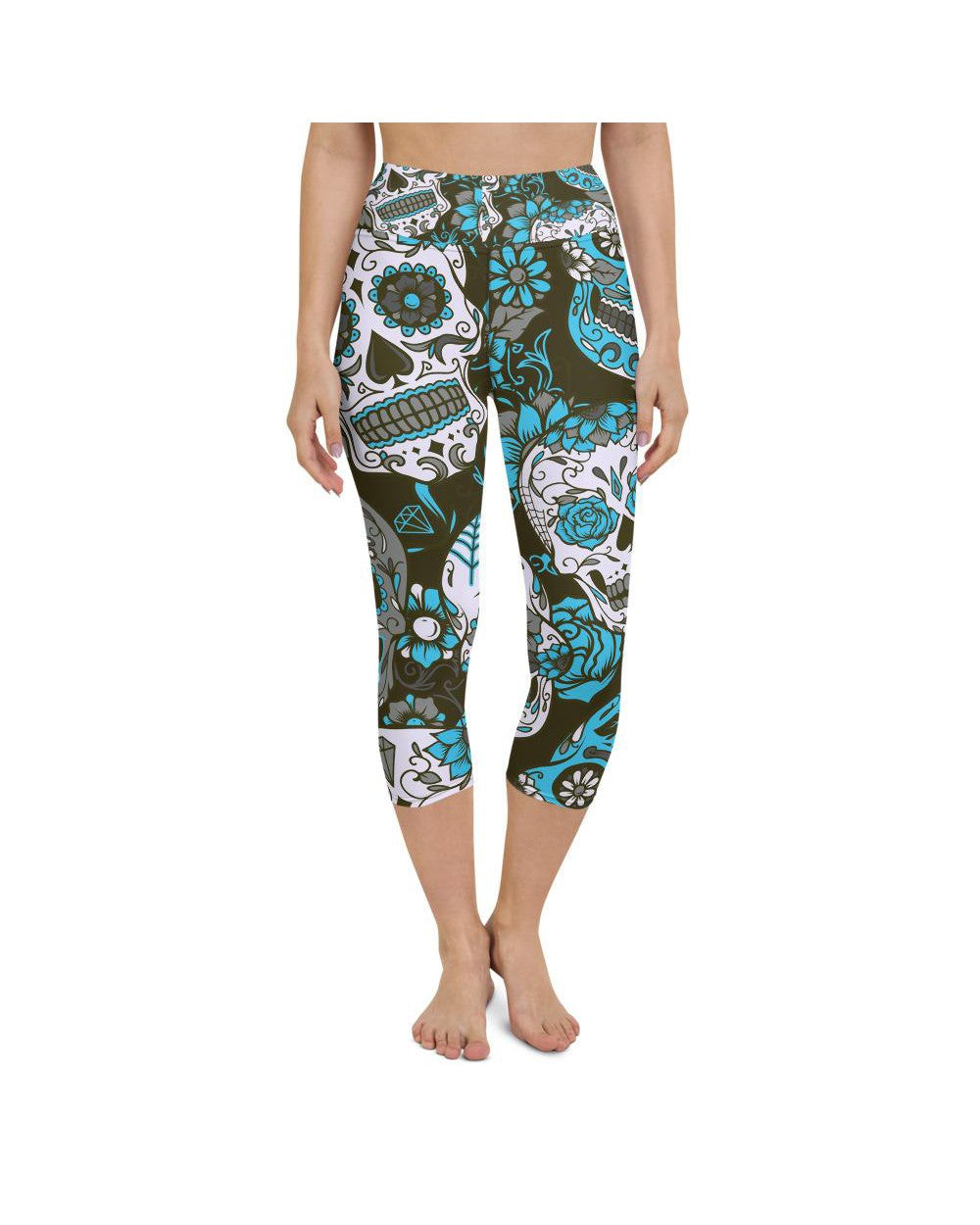 Womens Yoga Capris Sky Blue Sugar Skull White/Grey | Gearbunch.com